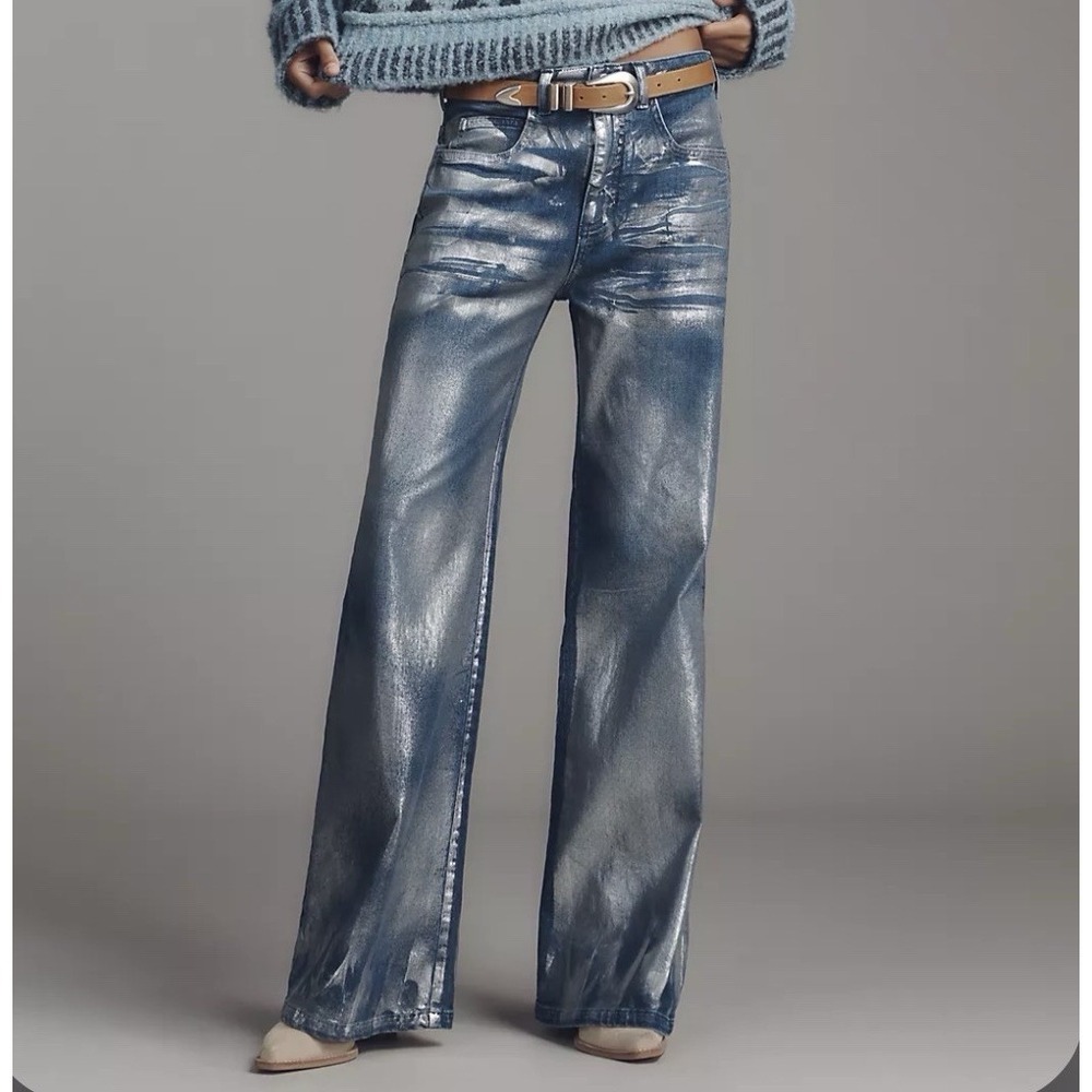 NWT Pilcro Anthropologie Rylan Metallic Relaxed Wide Leg Flare Jeans Sz 34x32
